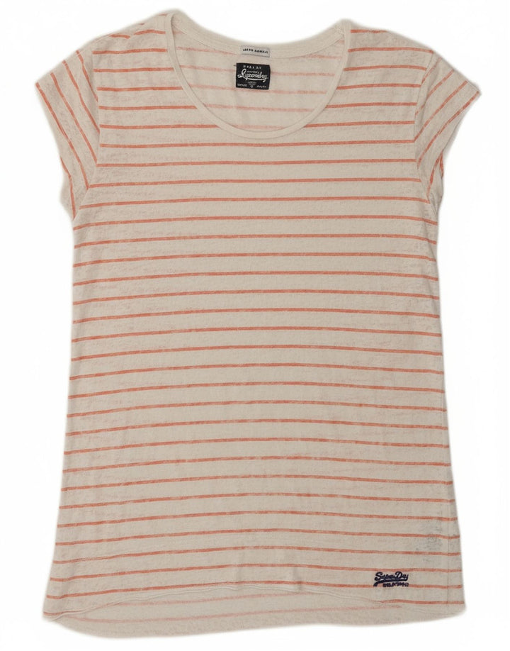 SUPERDRY Womens T-Shirt Top UK 6 XS Off White Striped Polyester