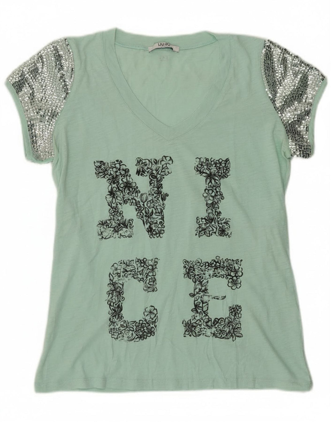 Liu Jo Dame Grafisk T-Shirt Top UK 12 Medium Grøn Moderne