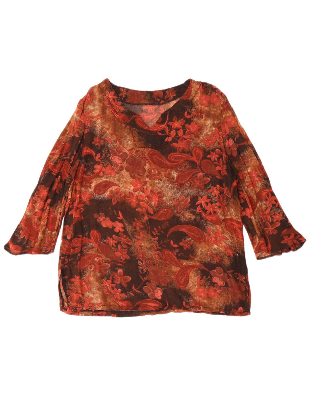 Vintage Dame 3/4 ærmet Tunika Top UK 14 Medium Brun Paisley