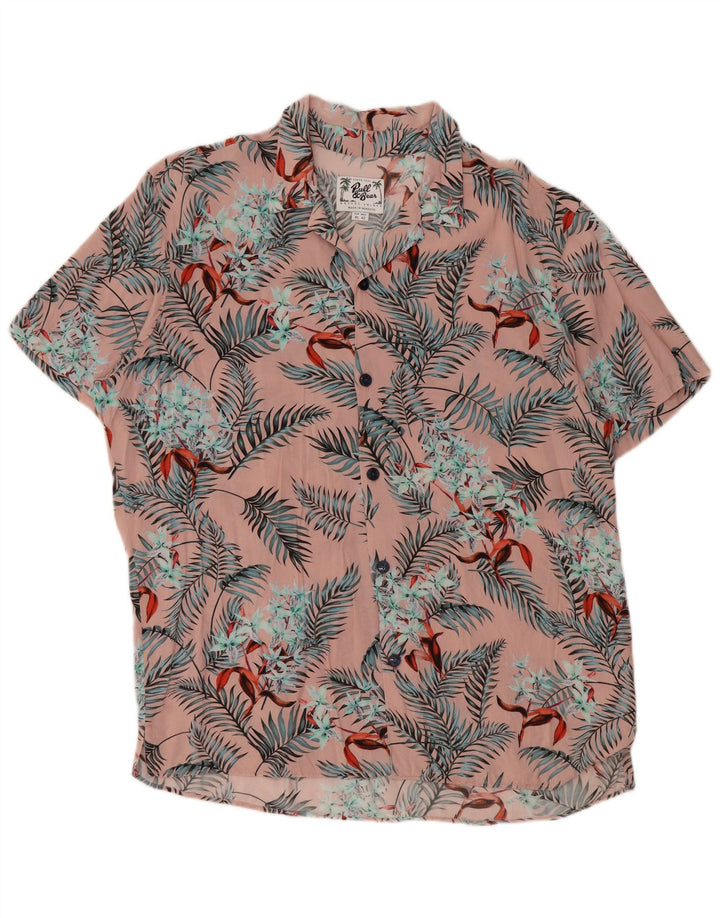 PULL & BEAR Kortærmet herreskjorte XL Pink Floral Viscose Hawaiian