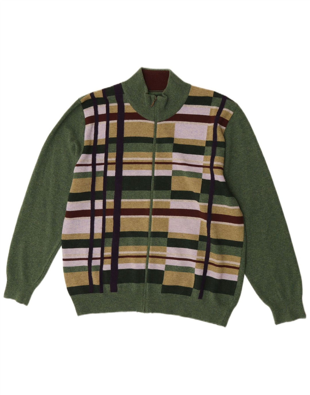 Folk Herre Cardigan Sweater Stor Grøn Geometrisk Merinould