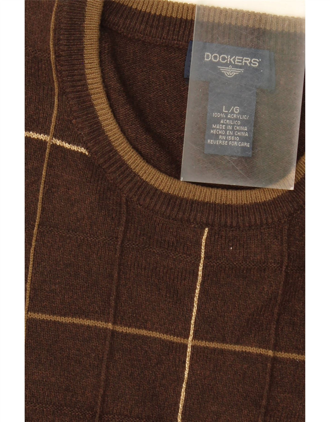 DOCKERS Mens Crew Neck Jumper Sweater Large Brown Check Acrylic Vintage Dockers and Second-Hand Dockers from Messina Hembry 