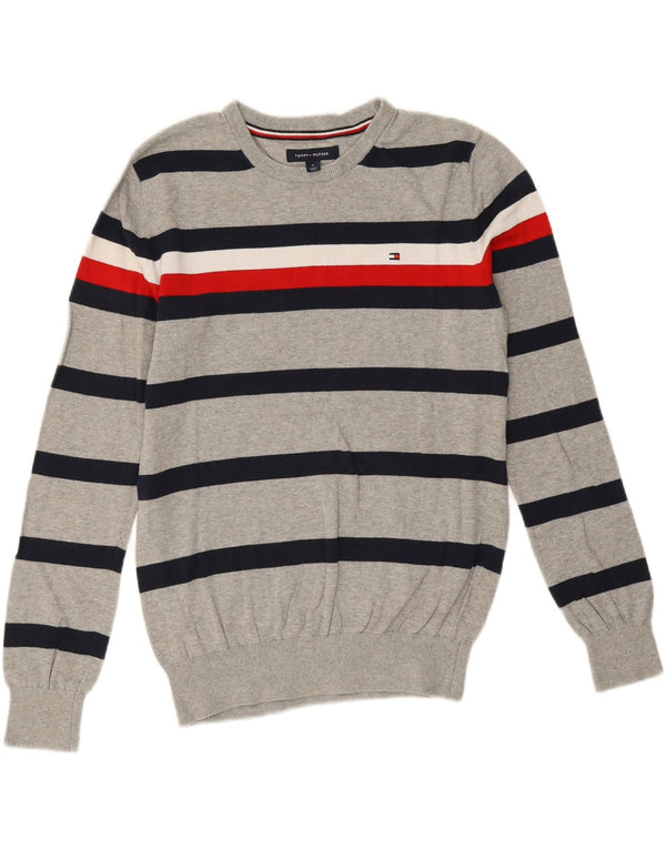 Tommy Hilfiger Herre Crew Neck Jumper Sweater Medium Grå Stribet Bomuld