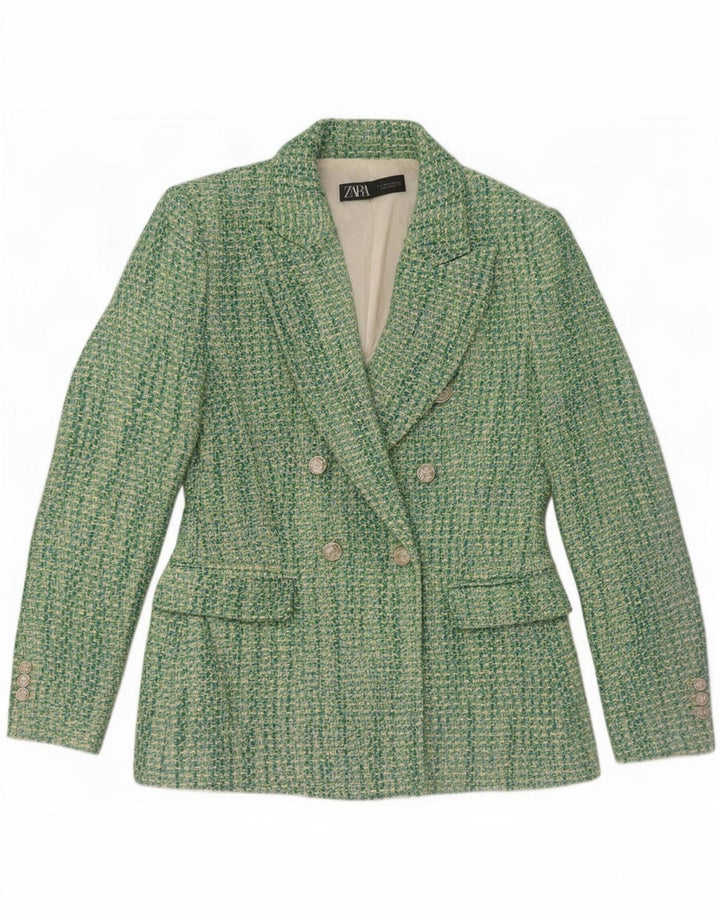 Zara Dame Dobbeltradet Blazer Jacket UK 12 Medium Grøn Bomuld
