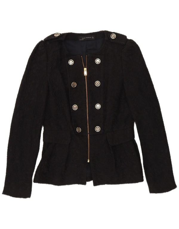 Zara Dame Military Blazer Jacket UK 14 Stor Sort Bomuld