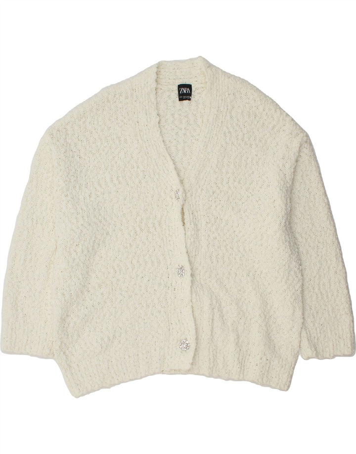 ZARA Womens 3/4 Sleeve Cardigan Sweater UK 14 Medium Off White Polyester Vintage Zara and Second-Hand Zara from Messina Hembry 