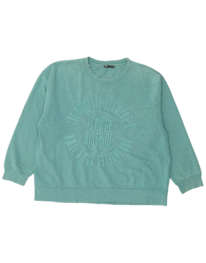 Zara Dame Grafisk Oversized Sweatshirt Jumper UK 16 Stor Blå Bomuld