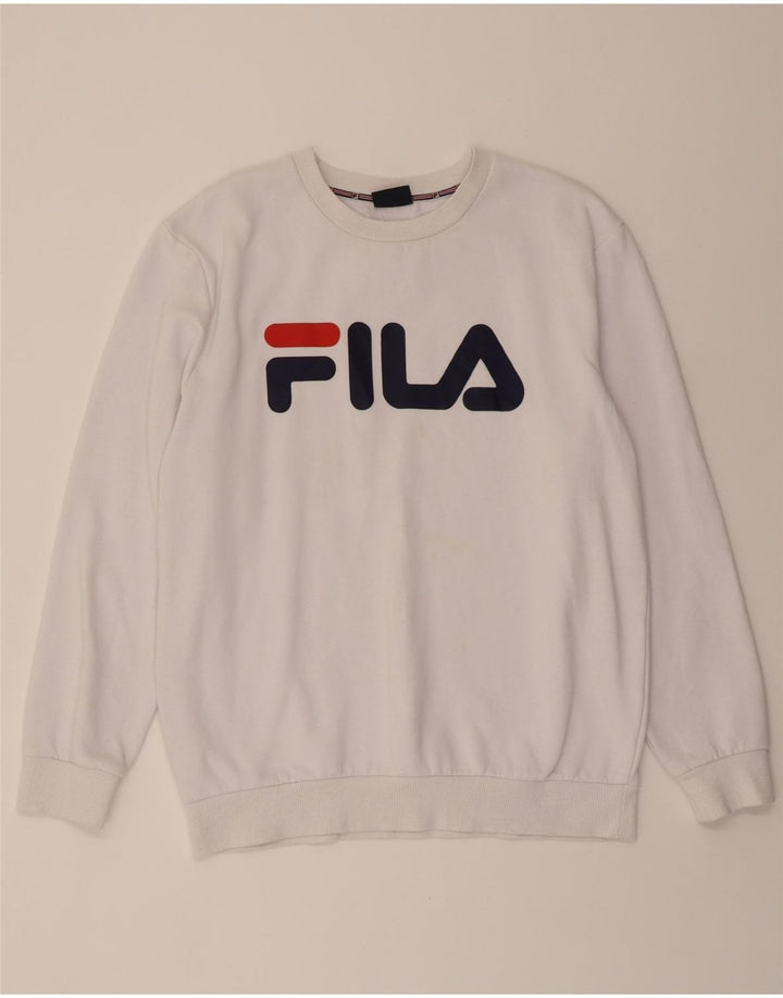 FILA Mens Graphic Sweatshirt Jumper Medium White Cotton Vintage Fila and Second-Hand Fila from Messina Hembry 