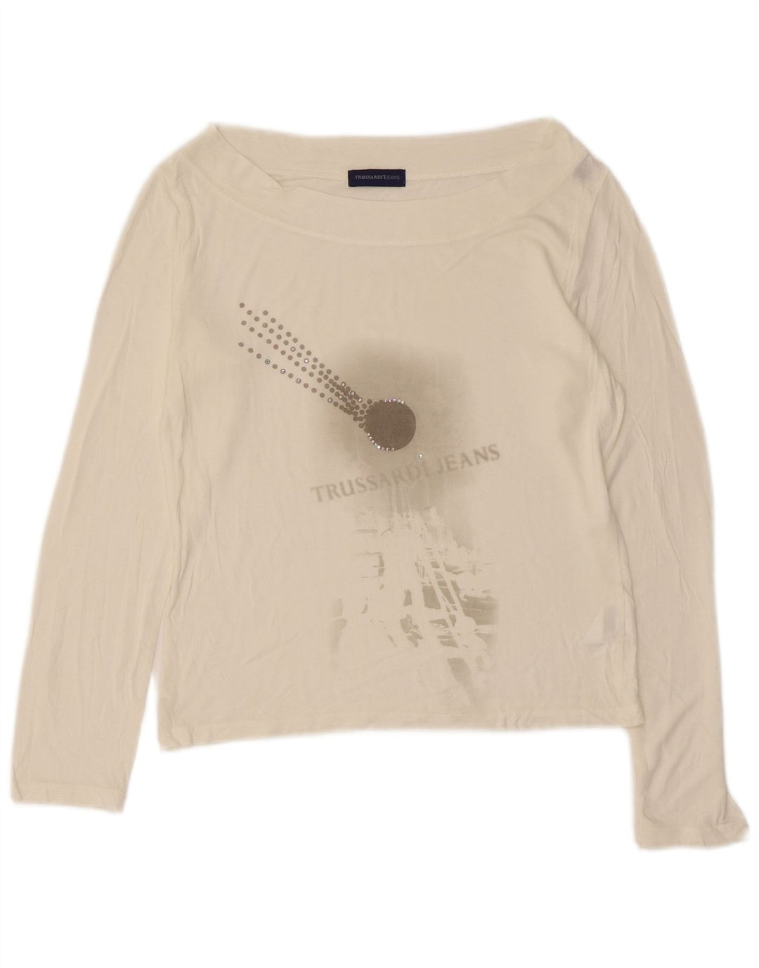 TRUSSARDI JEANS Dame Crop Grafisk Top Langærmet UK 12 Medium White