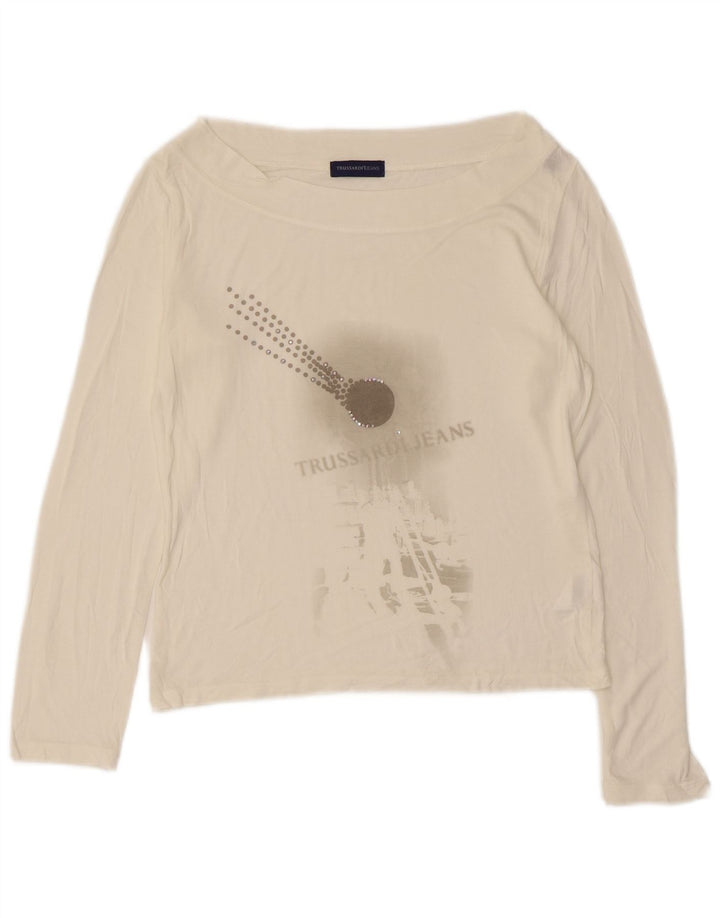 TRUSSARDI JEANS Dame Crop Grafisk Top Langærmet UK 12 Medium White