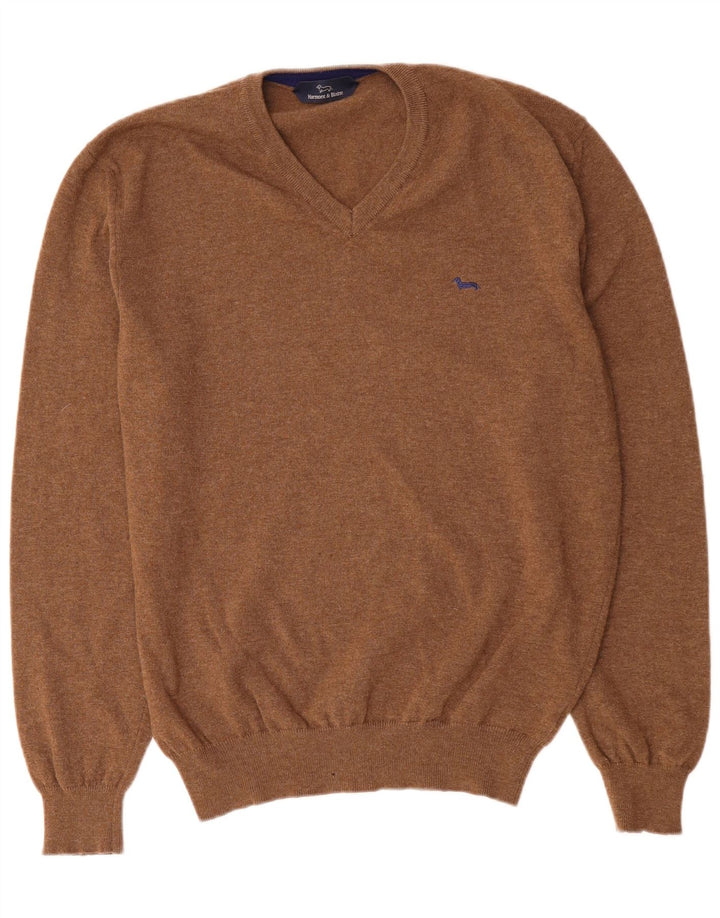 HARMONT & BLAINE Mens V-Neck Jumper Sweater XL Brown Wool