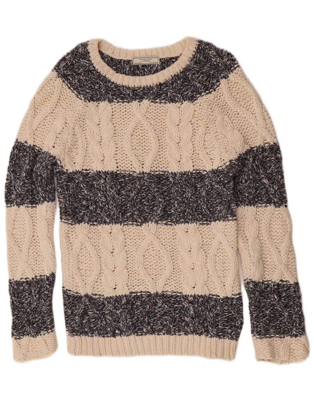 Zara Herre Boat Neck Jumper Sweater Medium Beige Stribet