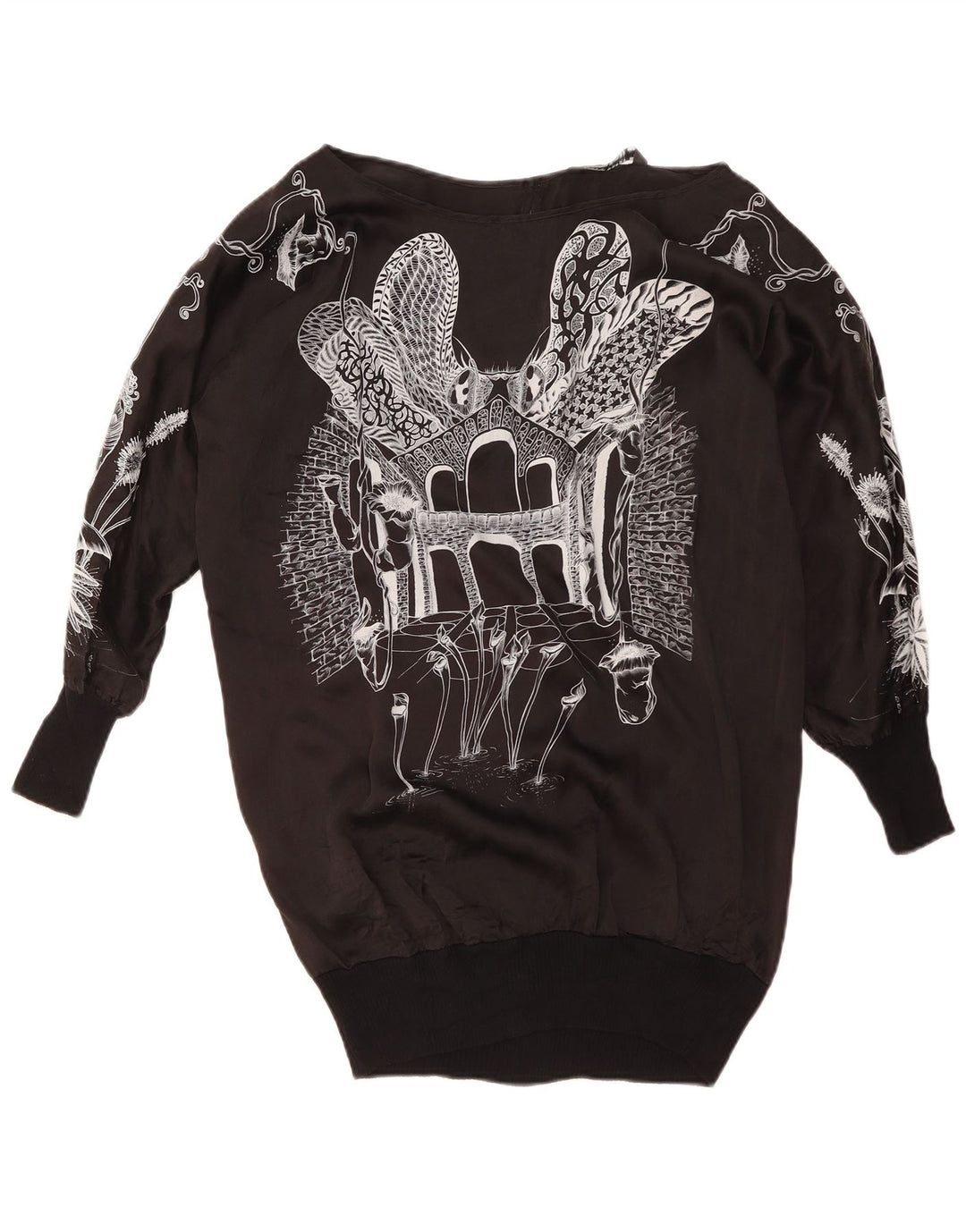 ZARA Kvinder Oversized grafisk Top Langærmet UK 14 Medium Black Floral