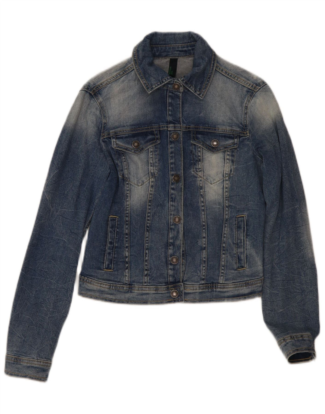 Benetton Dame Crop Denim Jacket UK 10 Small Blue Cotton