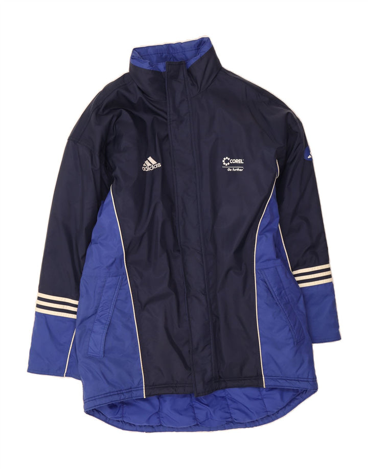 ADIDAS Mens Graphic Padded Jacket UK 44/16 Large Navy Blue Colourblock Vintage Adidas and Second-Hand Adidas from Messina Hembry 