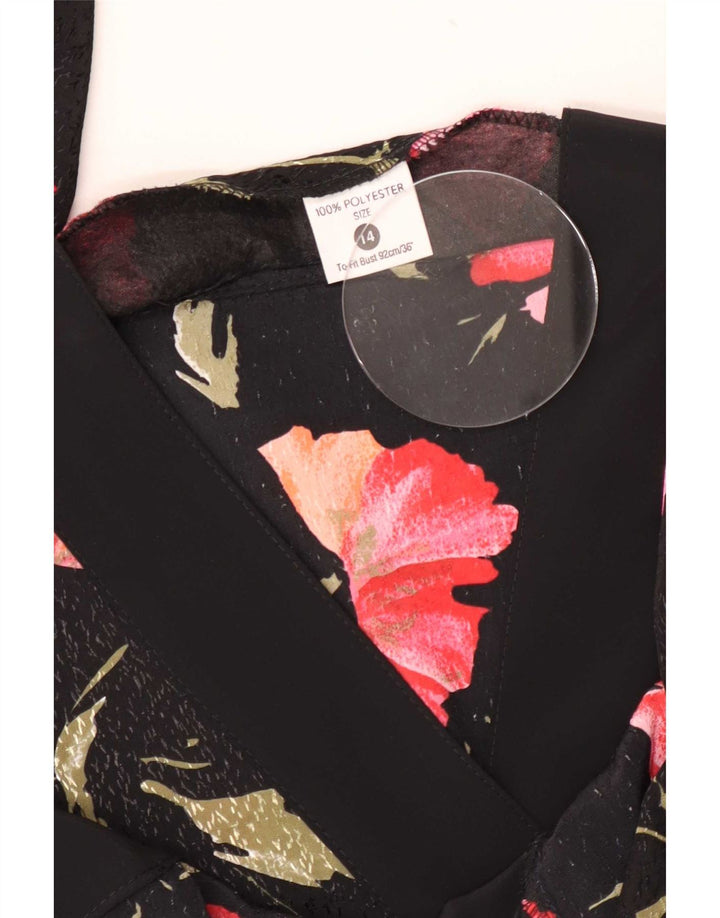 Vintage dameskjortebluse UK 14 Medium Black Floral Polyester