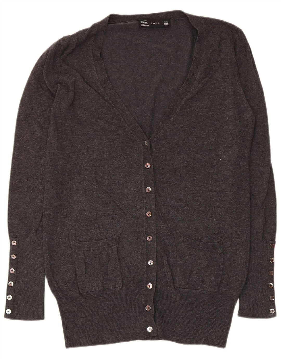 Zara Dame Cardigan Sweater UK 14 Stor Grå Rayon