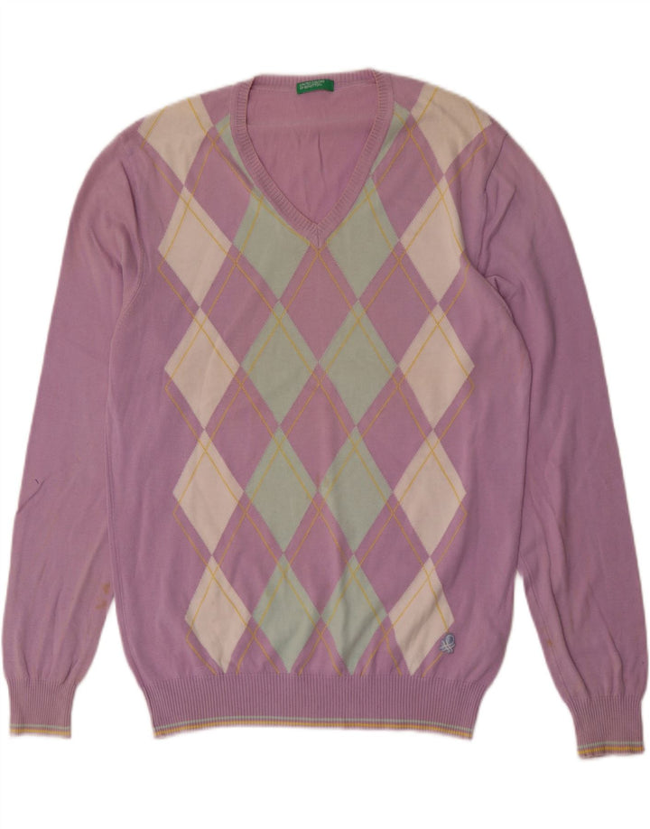 Benetton Herre V-hals sweater Medium Lilla Argyle/Diamond Bomuld