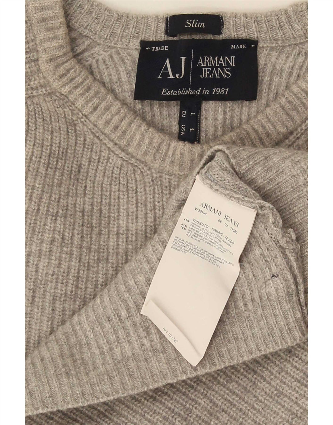 Armani Herre Slim Fit Jumper Sweater med rund hals Stor grå bomuld