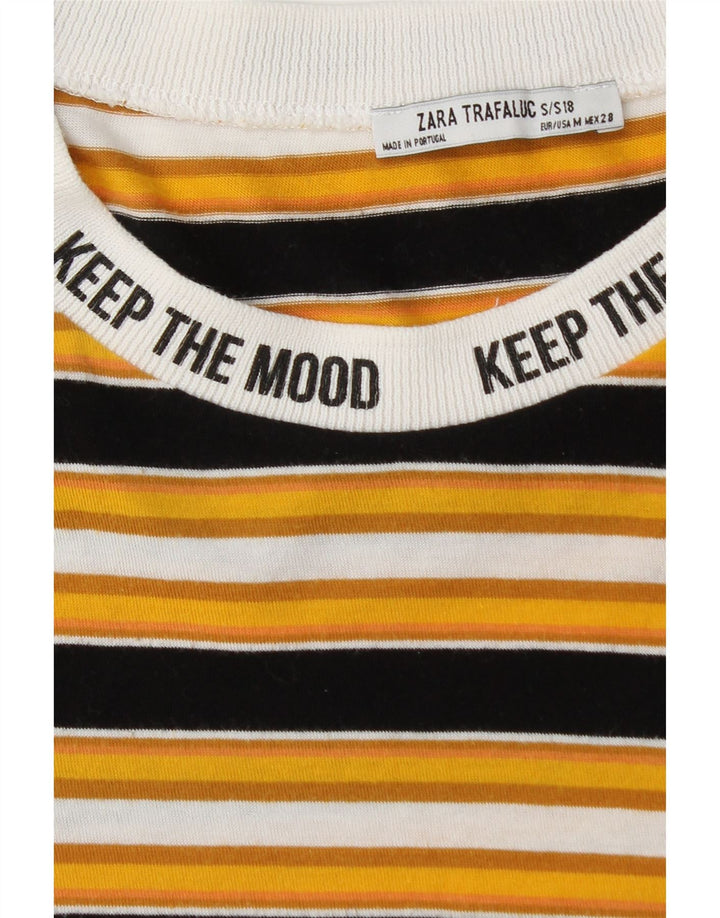 Zara Grafisk T-Shirt Top UK 12 Medium Gul Stribet