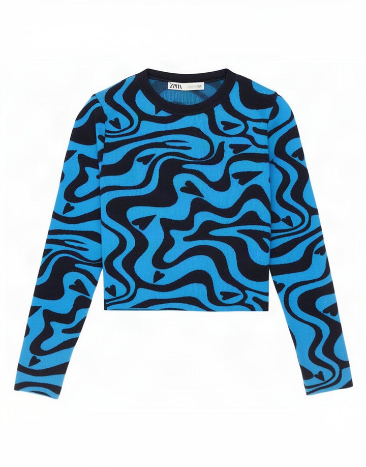 Zara Kvinders abstrakt mønster Crop Top Langærmet UK 8 Small Blue Polyester