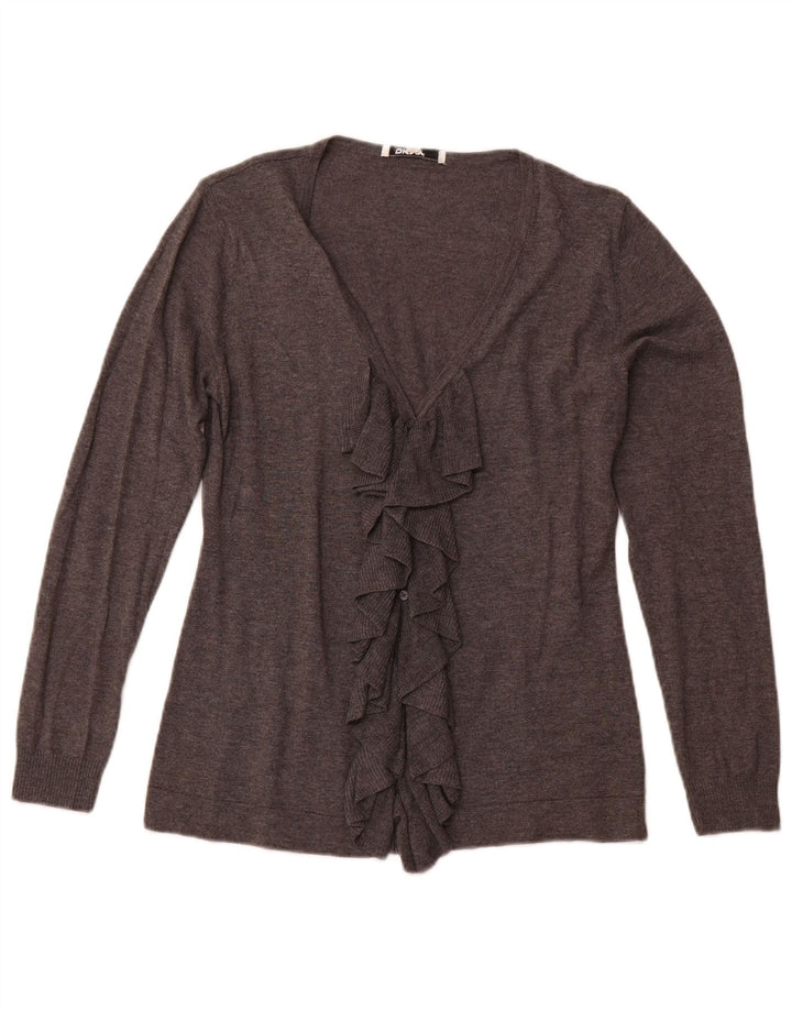 Dkny Dame Flæse Front Cardigan Sweater UK 12 Medium Grå Bomuld