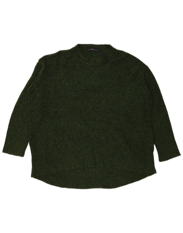Zara Longline sweater med rund hals til kvinder UK 14 Medium Green Flecked
