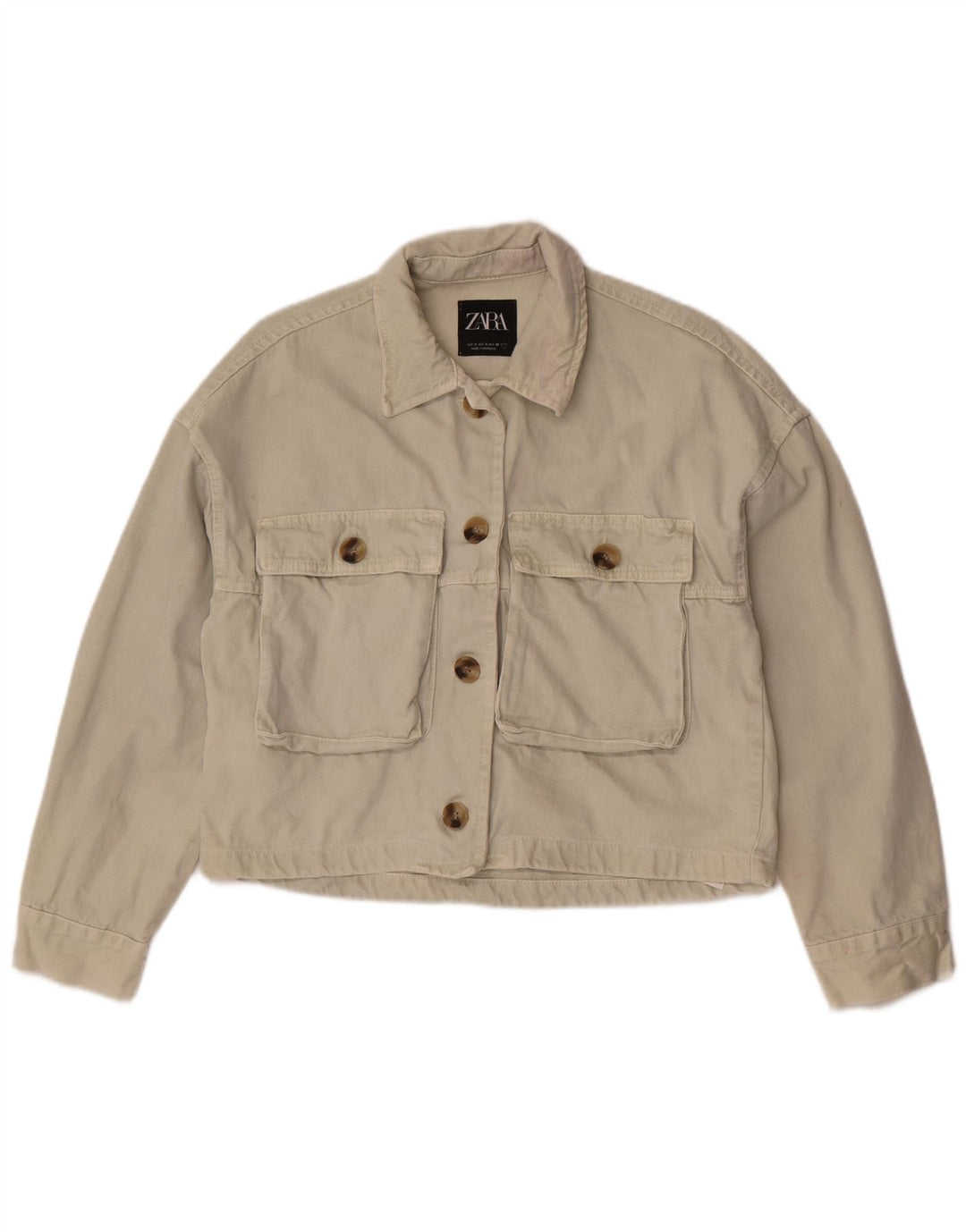 Zara Womens Crop Denim Jacket UK 10 Small Off White Bomuld