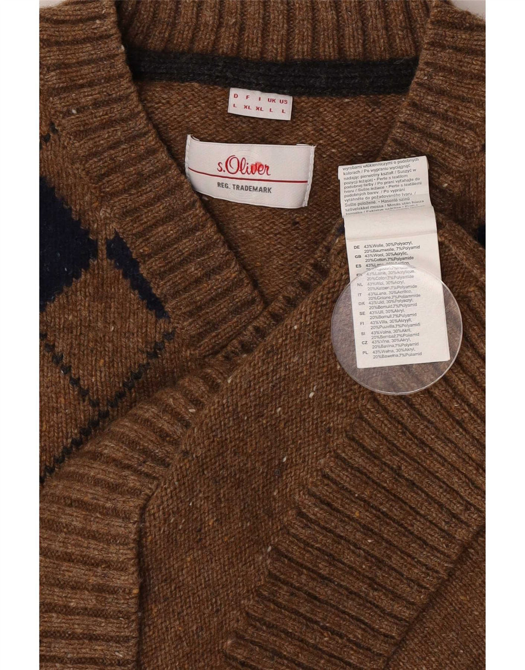 S.Oliver Herre V-hals sweater Stor Brun Argyle/Diamant Wool