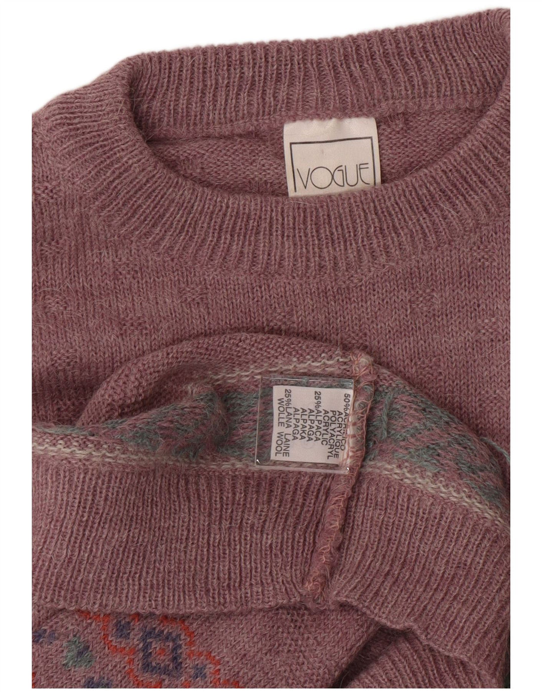VOGUE Mens Crew Neck Jumper Sweater Medium Pink Fair Isle Acrylic