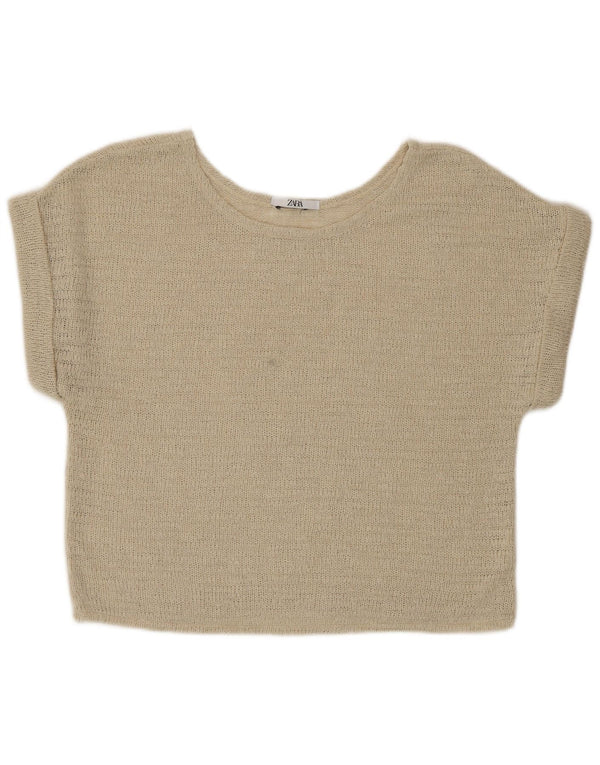 Zara Womens Crop Knit Bluse Top UK 16 Large Beige