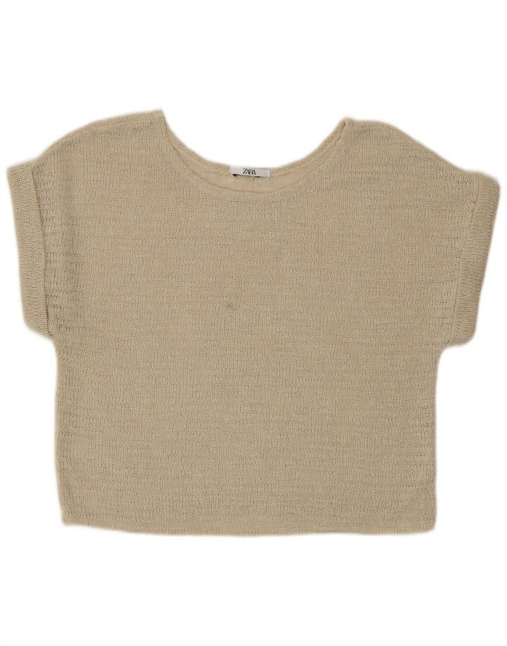 Zara Womens Crop Knit Bluse Top UK 16 Large Beige