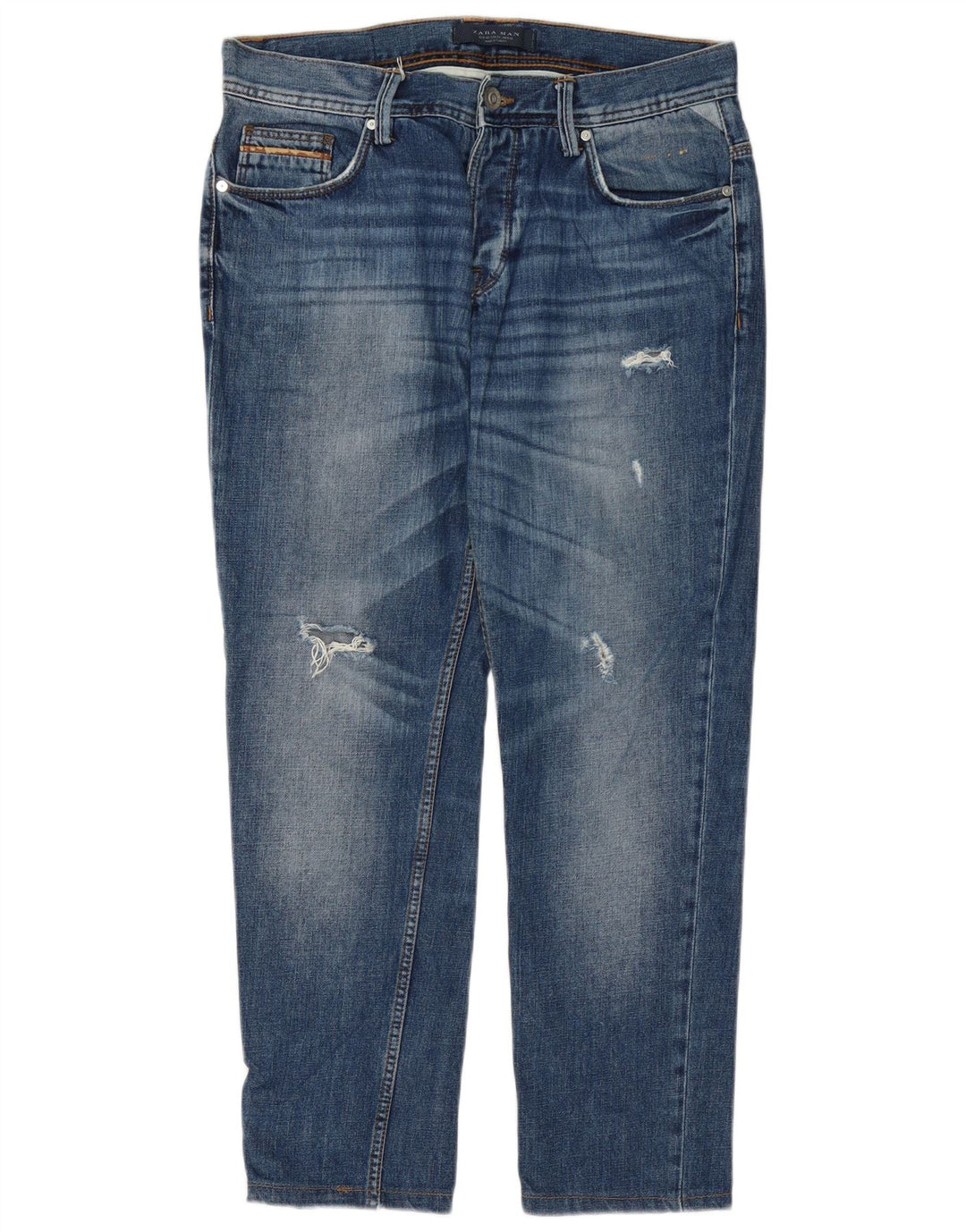 Zara Herre Distressed Tapered Jeans EU 42 Large W32 L28 Blue