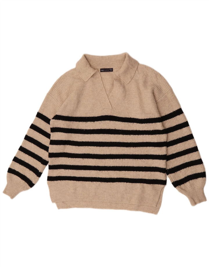Marks & Spencer Dame Polo Neck Jumper Sweater UK 14 Medium Beige Stribet