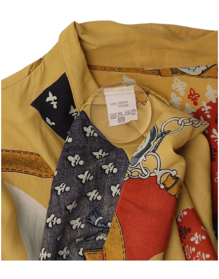 Vintage kvinders abstrakt mønster 3/4-ærmet skjortebluse UK 14 Large Yellow