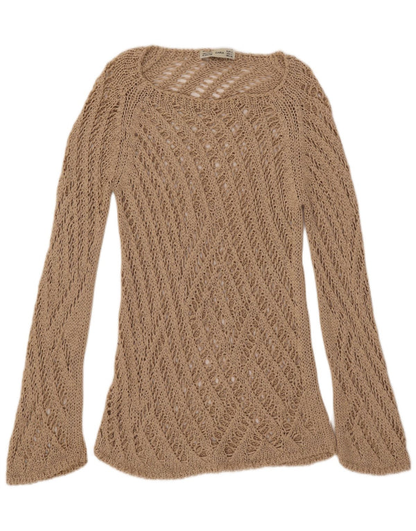Zara Womens Crochet Boat Neck Jumper Sweater UK 14 Large Beige Acrylic