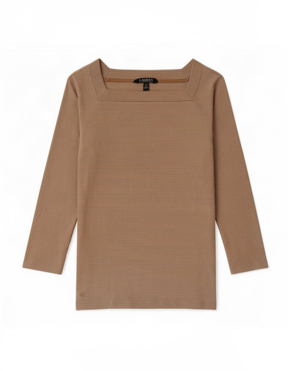 Ralph Lauren Dame Crop Top 3/4 ærmer UK 8 Small Beige Nålestribet Bomuld