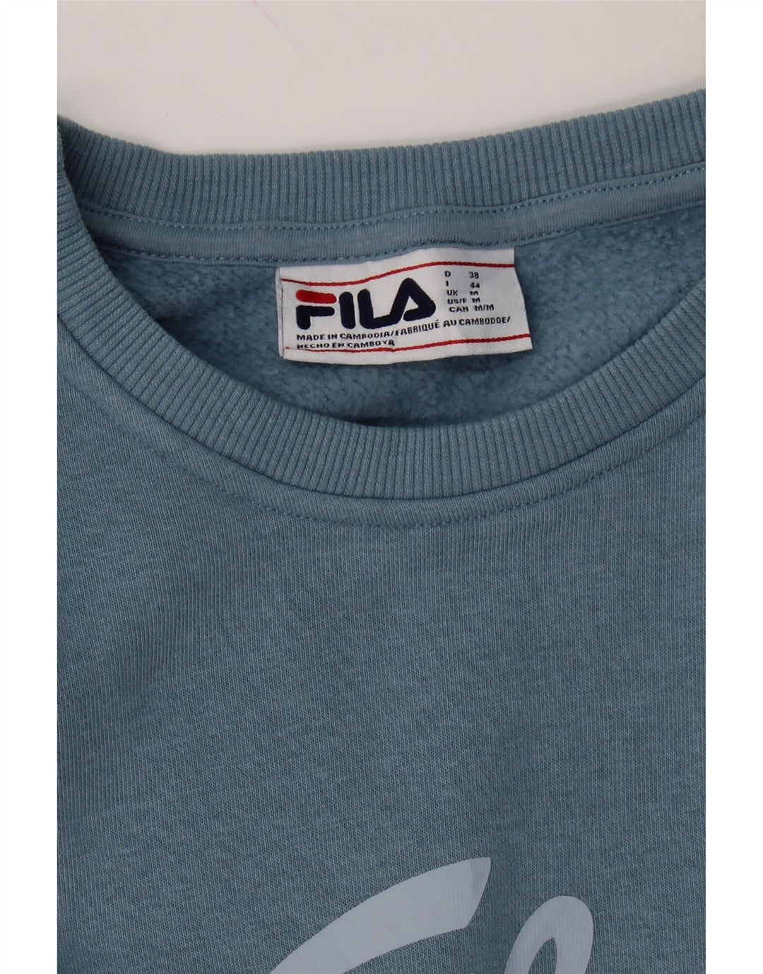 FILA Womens Graphic Sweatshirt Jumper UK 14 Medium Blue Cotton Vintage Fila and Second-Hand Fila from Messina Hembry 