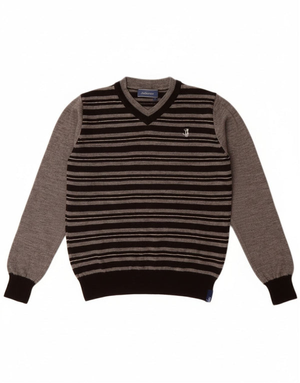 JECKERSON Pige V-hals sweater 9-10 år stor grå stribet uld