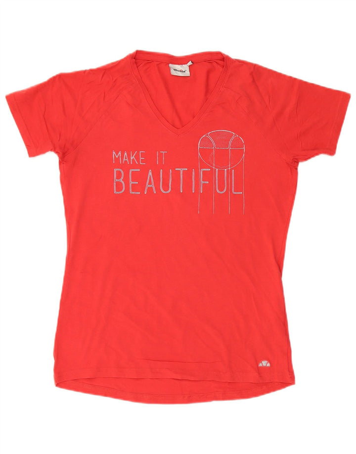 Ellesse Dame Grafisk T-Shirt Top UK 14 Stor Rød Bomuld