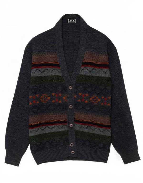 Vintage Herre Loose Fit Cardigan Sweater Large Navy Blue Fair Isle Akryl