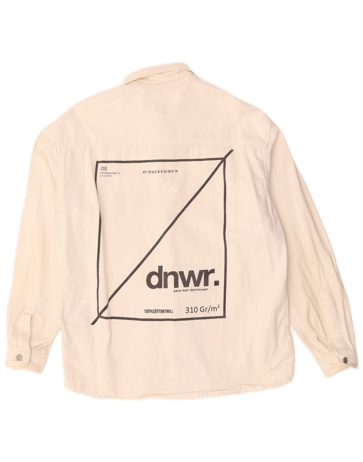 Zara Herre Graphic Relaxed Fit Denim Shirt Medium White Bomuld