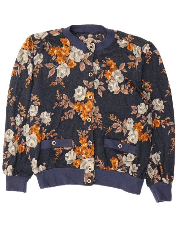 Vintage dame cardigan sweater IT 50 XL marineblå blomster akryl