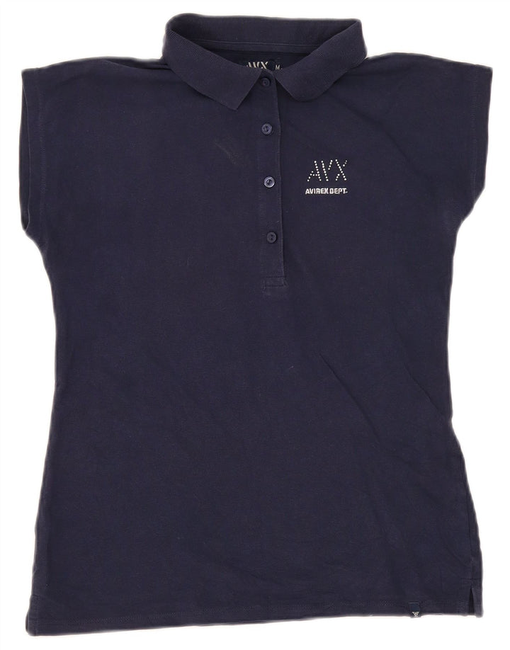 Avirex Dame Polo Shirt UK 12 Medium Navy Blue Bomuld