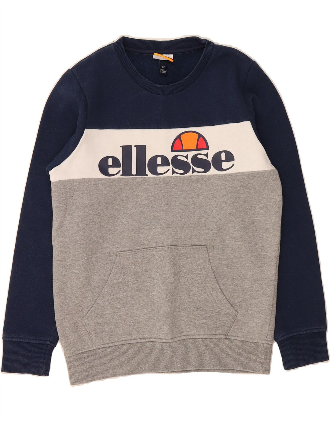 ELLESSE Boys Graphic Sweatshirt Jumper 10-11 Years Navy Blue Colourblock Vintage Ellesse and Second-Hand Ellesse from Messina Hembry 