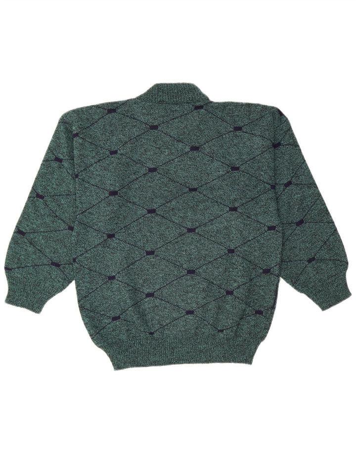 Vintage Herre Turtle Neck Jumper Sweater Medium Green Argyle/Diamond Wool