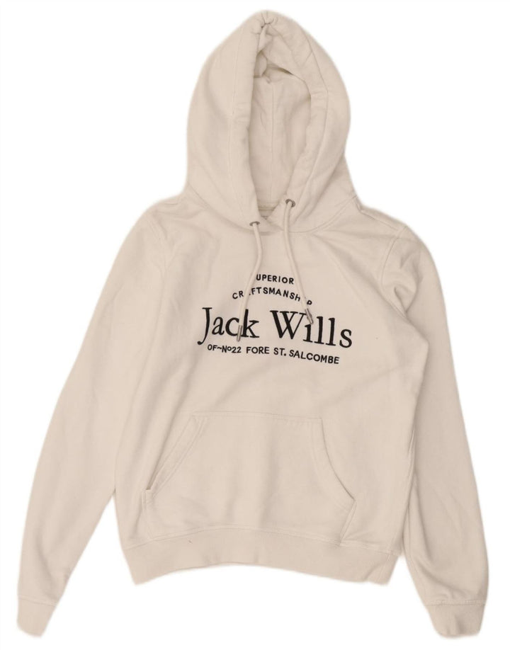 JACK WILLS Dame Crop Graphic Hoodie Jumper UK 8 Small White Bomuld