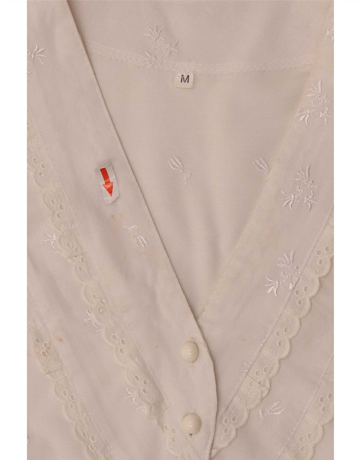 Vintage Womens Crop Front Tie Shirt Bluse UK 12 Medium White Floral