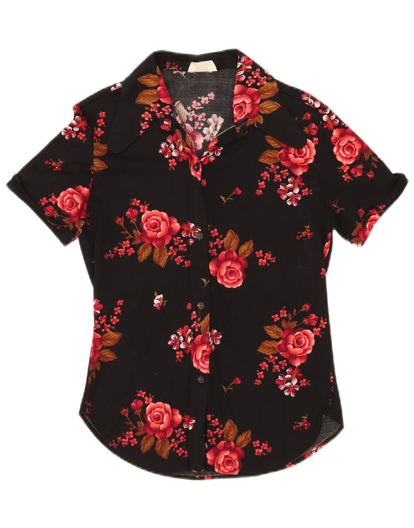 Vintage kortærmet skjorte til kvinder UK 10 Small Black Floral