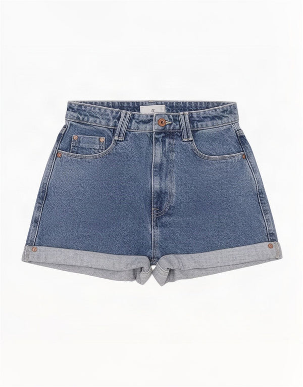 Zara Dame højtaljede denimshorts EU 38 Small W28 Blue Cotton